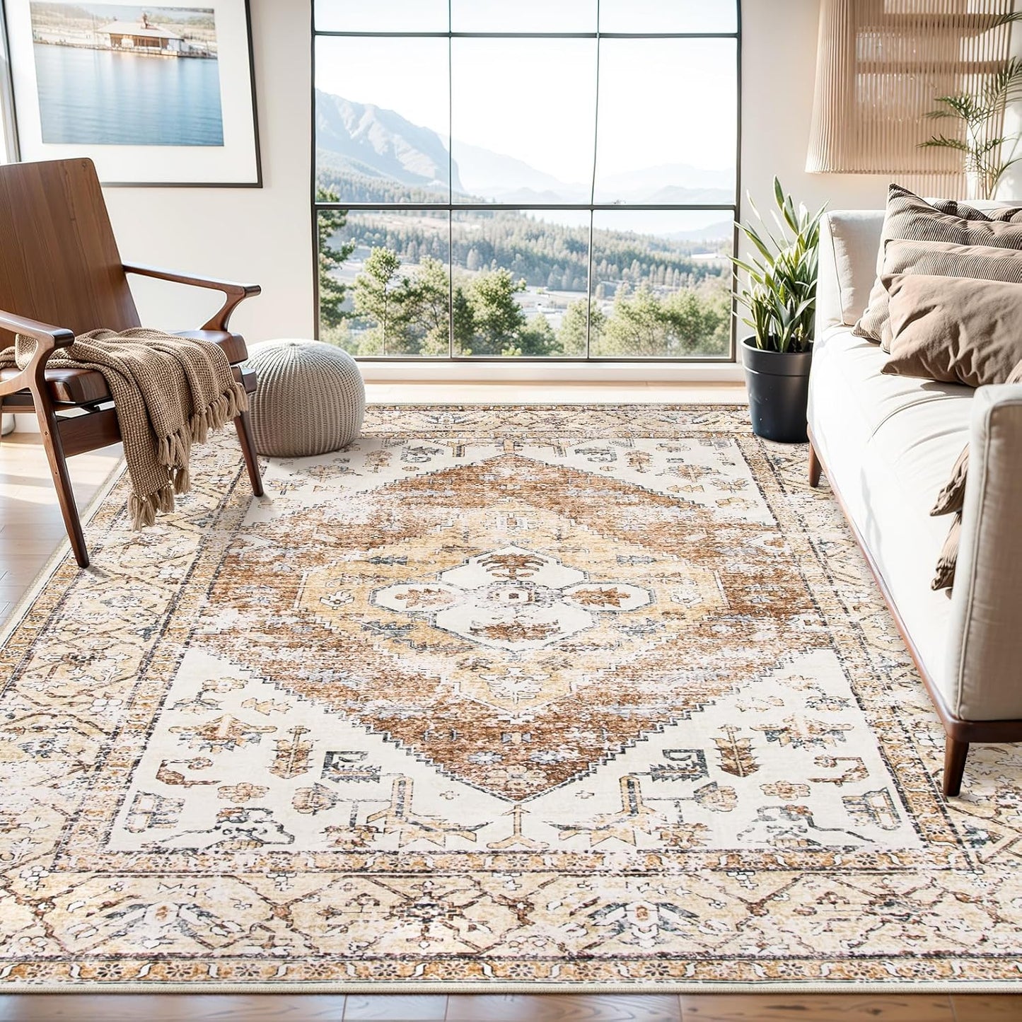 Lahome Rug for Living Room Machine Washable Area Rug 6x9 Boho Non Slip Bedroom Carpet Throw Ultra Thin Carpet for Dining Room, Farmhouse Neutral Print Soft Indoor Mat for Office Home (Taupe, 6'x9')