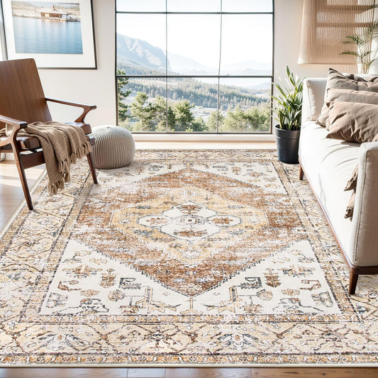 Lahome Rug for Living Room Machine Washable Area Rug 6x9 Boho Non Slip Bedroom Carpet Throw Ultra Thin Carpet for Dining Room, Farmhouse Neutral Print Soft Indoor Mat for Office Home (Taupe, 6'x9')