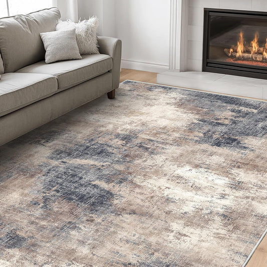 Amada 6x9 Washable Area Rug, Modern Abstract Living Room Rug with Non-Slip Backing & Short Pile, Large Rug with Abstract Pattern for Living Room, Bedroom and Dinning Room, Brown