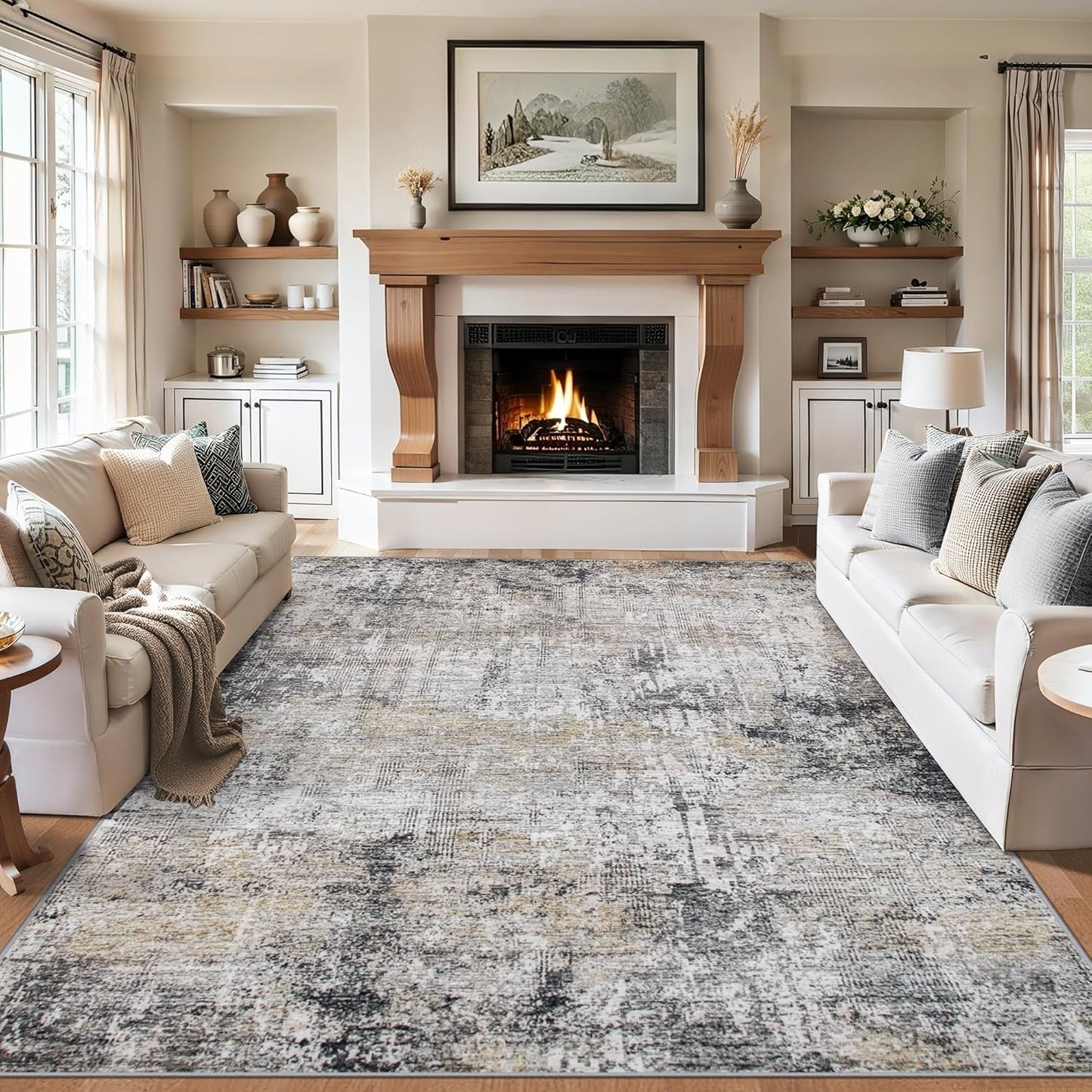8x10 Area Rugs for Living Room - Washable Rug Modern Abstract Soft Large Neutral Non-Slip Carpet Indoor Floor Thin Carpets for Bedroom Dining Room Farmhouse Nursery Home Office Brown Black Grey