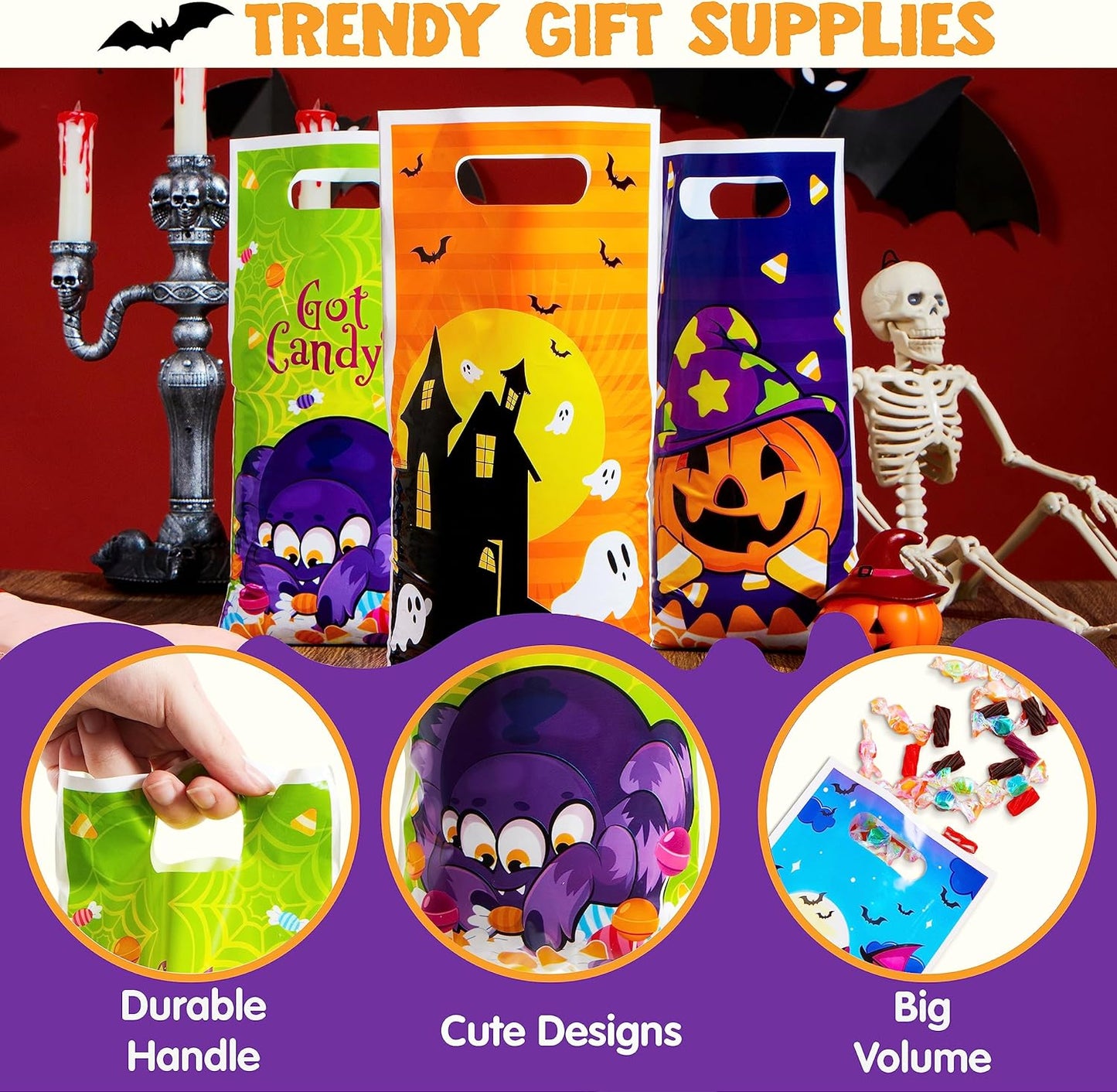 JOYIN 72 PCS Halloween Trick or Treat Bags, Halloween Goodie Candy Bags, Goody Gift Bag, 4 Designs Plastic Snack Bag Bulk for Kids Trick or Treating, Classroom Party Favors, Event Party Supplies