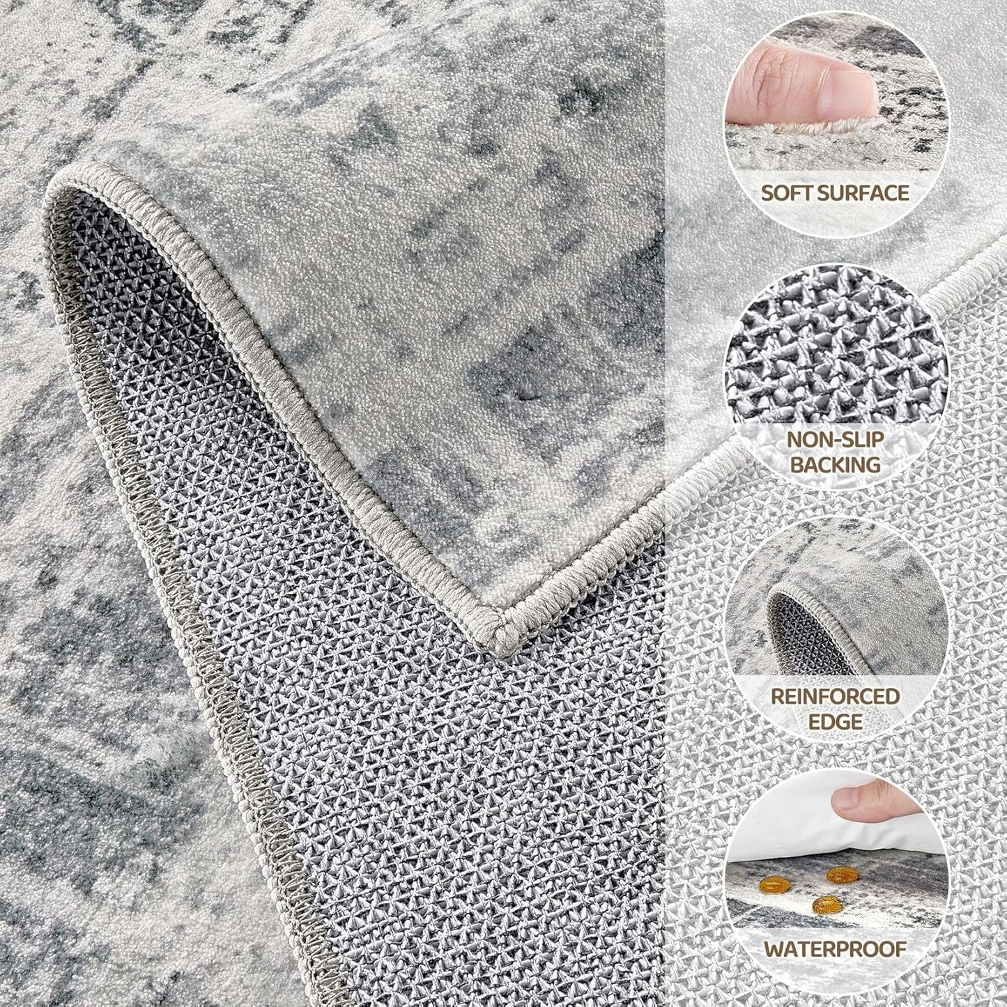 Area Rug for Living Room: 4x6 Washable Neutral Abstract Modern Soft Rugs Non Slip Indoor Floor Stain Resistant Carpet for Bedroom Dining Room Office Nursery - Gray