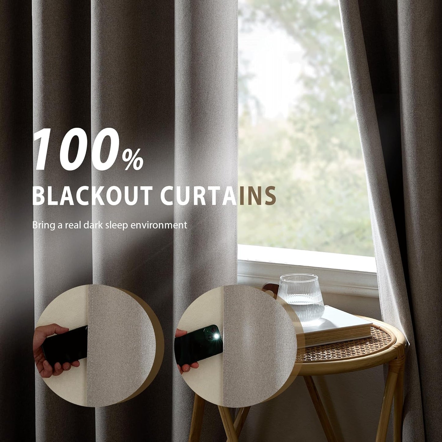 NICETOWN Full Blackout Natural Faux Linen Curtains 102" Length with Thermal Insulated Liners for Living Room, 2 Panels, 52 inches W, Farmhouse Style Keep Warm Large Window Draperies for Hall