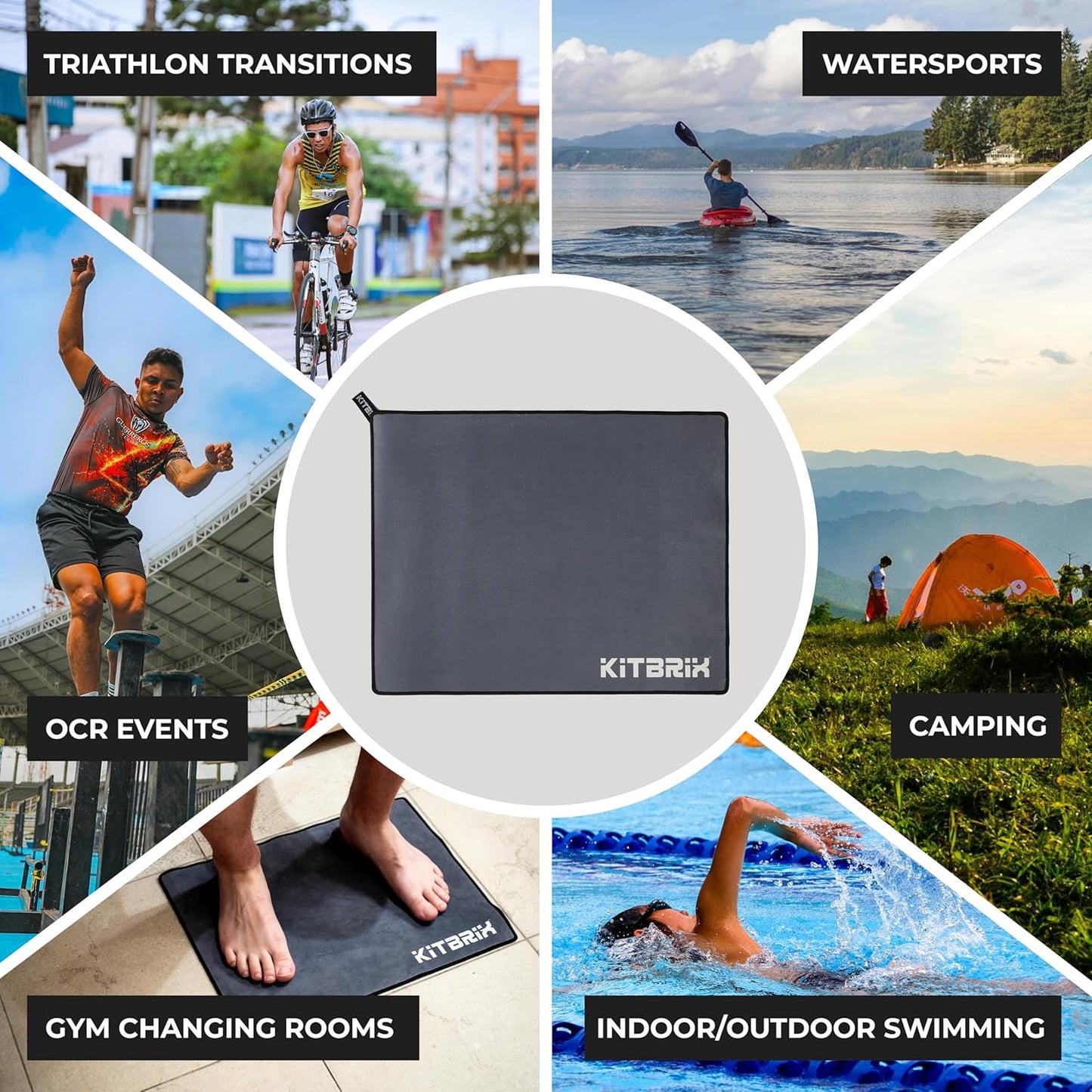 KitBrix Outdoor Sitting Mat & Wetsuit Changing Mat for Swimming, Surfing, Triathlon Transition - Soft Microfiber, Waterproof Base - Camping Essentials, Beach Accessories