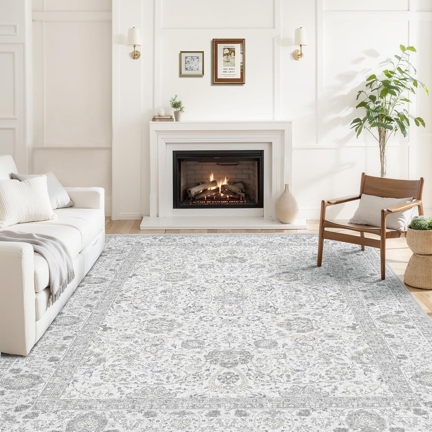 Boho Washable Area Rug Neutral Grey 5x7 Rugs for Living Room, Floral Modern Bedroom Rug Indoor Carpet for Dining Room Kids Room Playroom