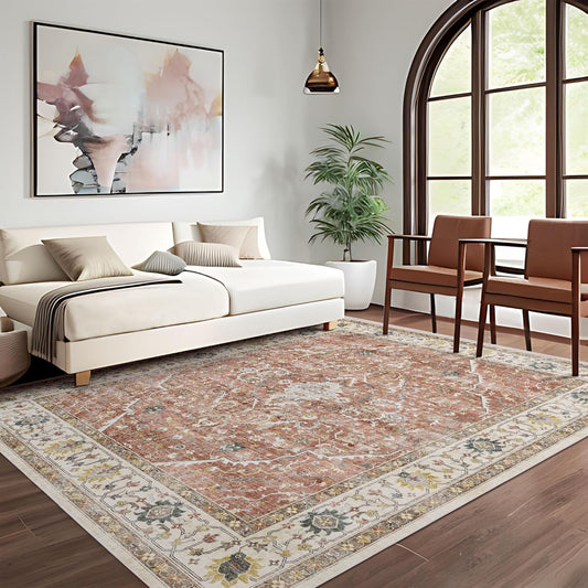 8x10 Rugs for Bedroom, Vintage Washable Rugs Non Slip Large Area Rug for Living Room Dining Room Office, Floor Decoration Big Carpet Low-Pile Kid & Pet Friendly(Border Brick Red)