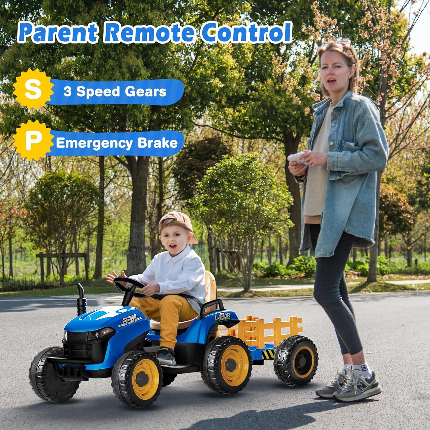 24V Ride On Tractor w/Tiltable & Detachable Trailer, 2x65W Motors, EVA Tires, Remote Control, Bluetooth, Shifter, Music, Electric Car for Kids Ages 2-5, Blue