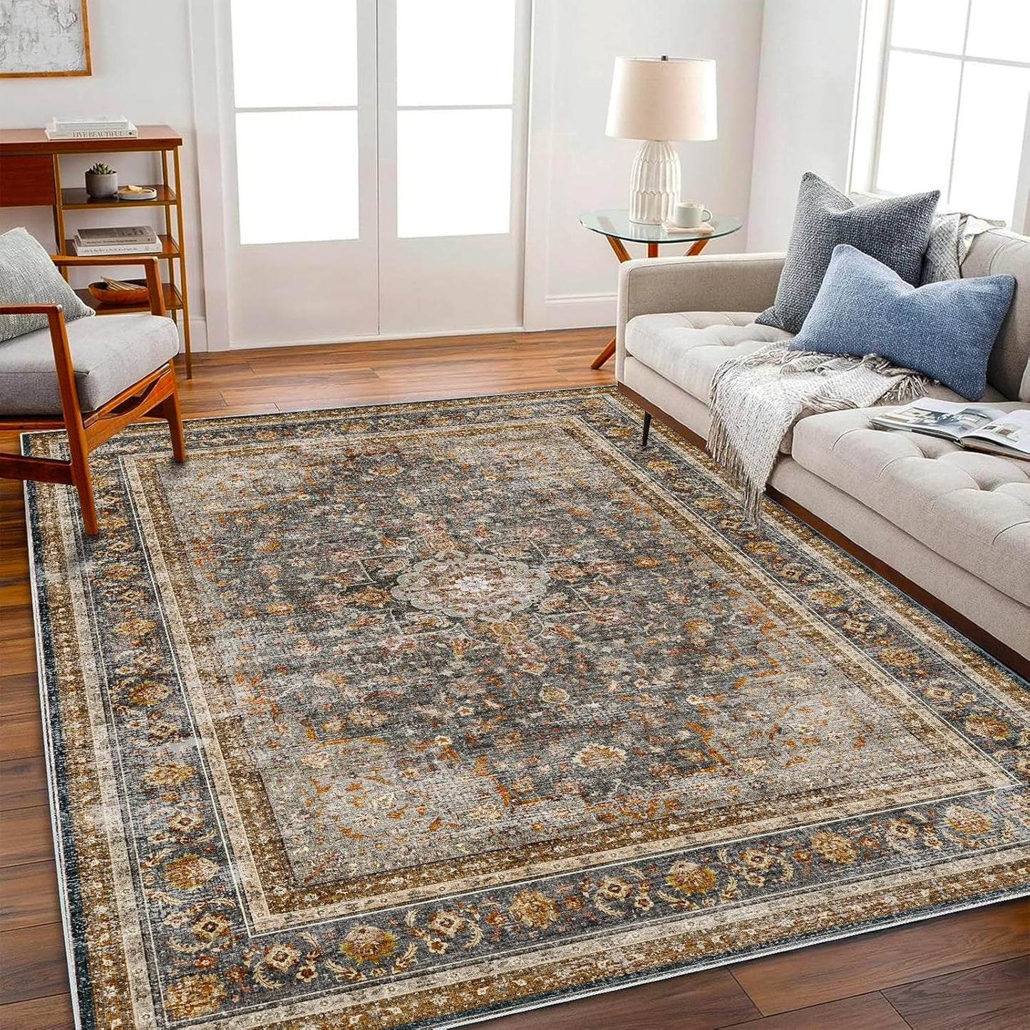Washable Area Rug 4'x6' Traditional Floor Cover Foldable Thin Rugs Retro Kitchen Indoor Distressed Non Slip Carpet Floral Print Mat Bedroom Living Room
