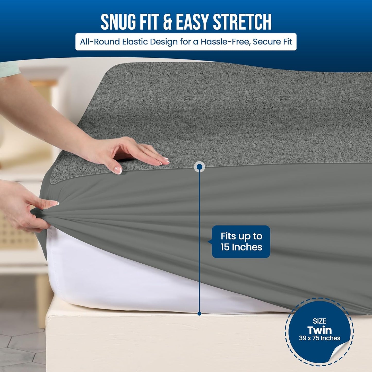 Utopia Bedding Waterproof Mattress Protector Twin Size, Premium Terry Mattress Cover 200 GSM, Breathable, Fitted Style with Stretchable Pockets (Gray)