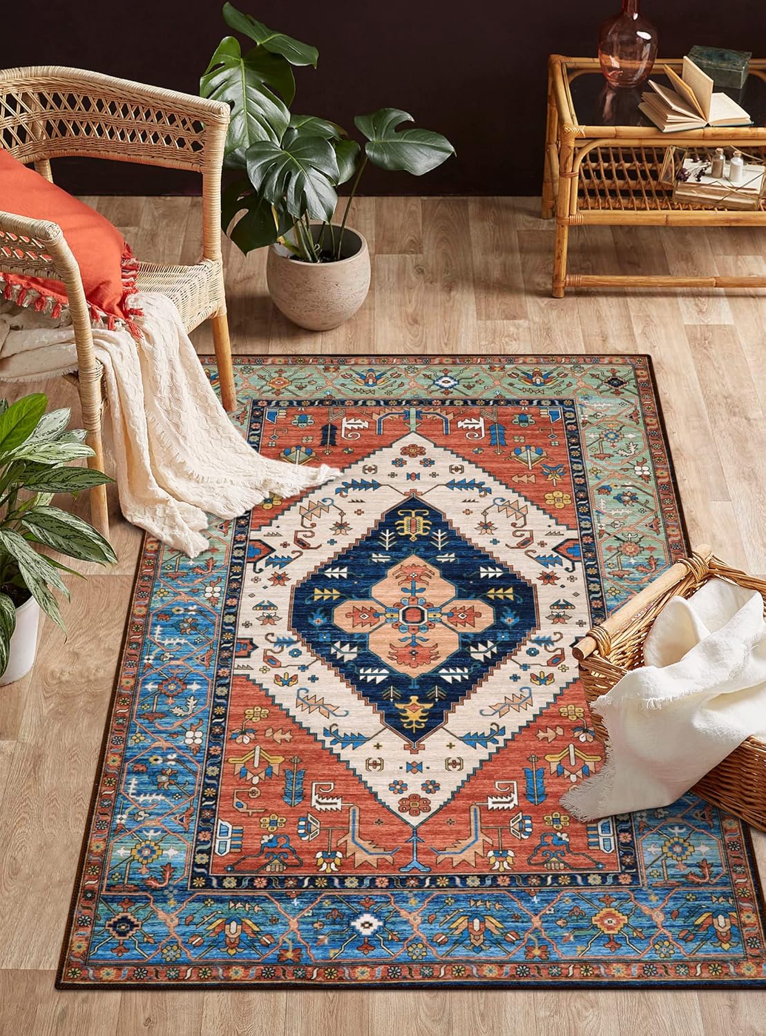 Lahome Boho 3x5 Washable Area Rugs, Small Non-Slip Bedroom Carpet Throw Low-Pile Rugs for Entryway Kitchen, Oriental Distressed Carpet for Bathroom Office Laundry Living Room, Rust
