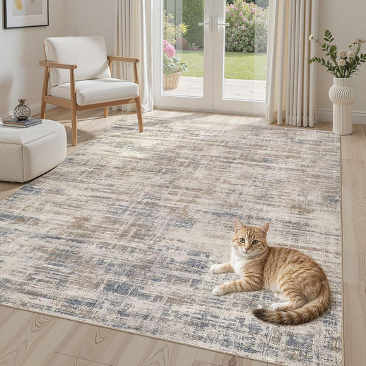 Area Rug for Living Room: 4x6 Washable Neutral Abstract Modern Soft Rugs Non Slip Indoor Floor Stain Resistant Carpet for Bedroom Dining Room Office Nursery - Brown