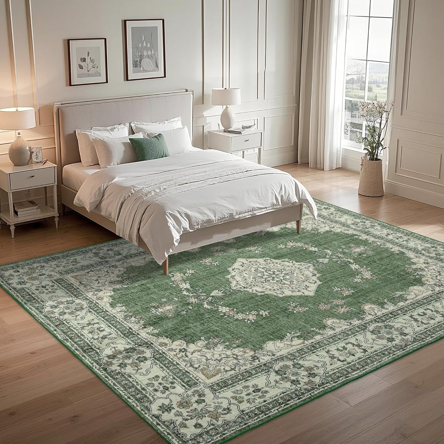 8x10 Area Rugs Washable: Oriental Soft Area Rug for Living Room Bedroom No Shedding - Low Pile Thin Carpet Rug for Dining Room Non Slip - Boho Vintage Rug for Home Decor - Olive Green