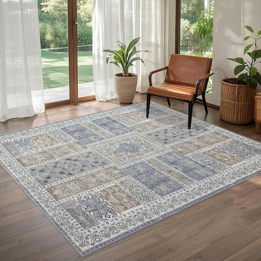 5x8 Area Rug Washable: Oriental Soft Area Rug for Living Room Bedroom No Shedding - Low Pile Thin Carpet Rug for Dining Room Non Slip - Boho Vintage Rug for Home Decor - Blue Grey