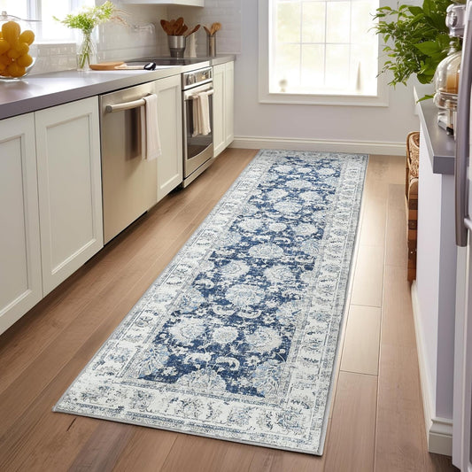 jinchan Hallway Runner Rug 3x8 Washable Runner - Vintage Floral Non Slip Low-Pile Soft Thin Faux Wool Kitchen Rug Distressed Carpet for Farmhouse Bedroom Laundry Room(3x8ft,Dark Blue)