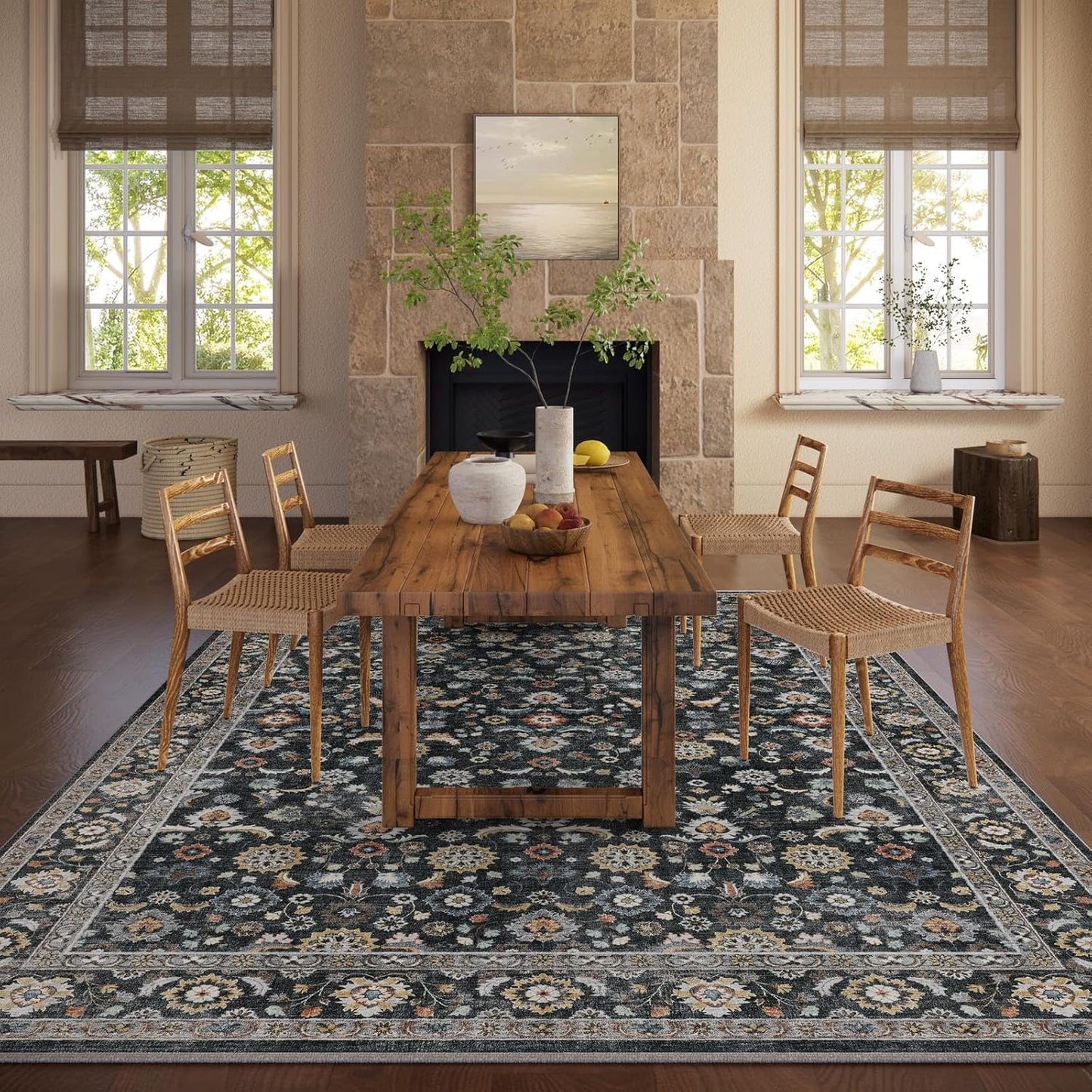 Washable Area Rugs for Living Room: 5x7 Bedroom Rug Vintage Boho Area Rug Stain Resistant Non Slip Low Pile Lightweight Soft Carpets for Living Room Dining Room Kitchen Nursery Kids Room Farmhouse
