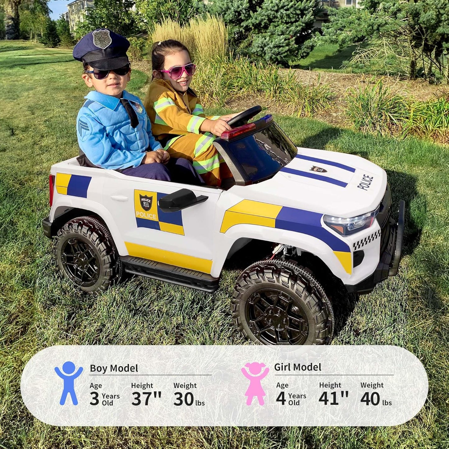 12V 7Ah Electric Police Car Ride on Toy for Big Kids, 2 Seater Kids Ride on Car SUV w/Remote Control, Bluetooth - White