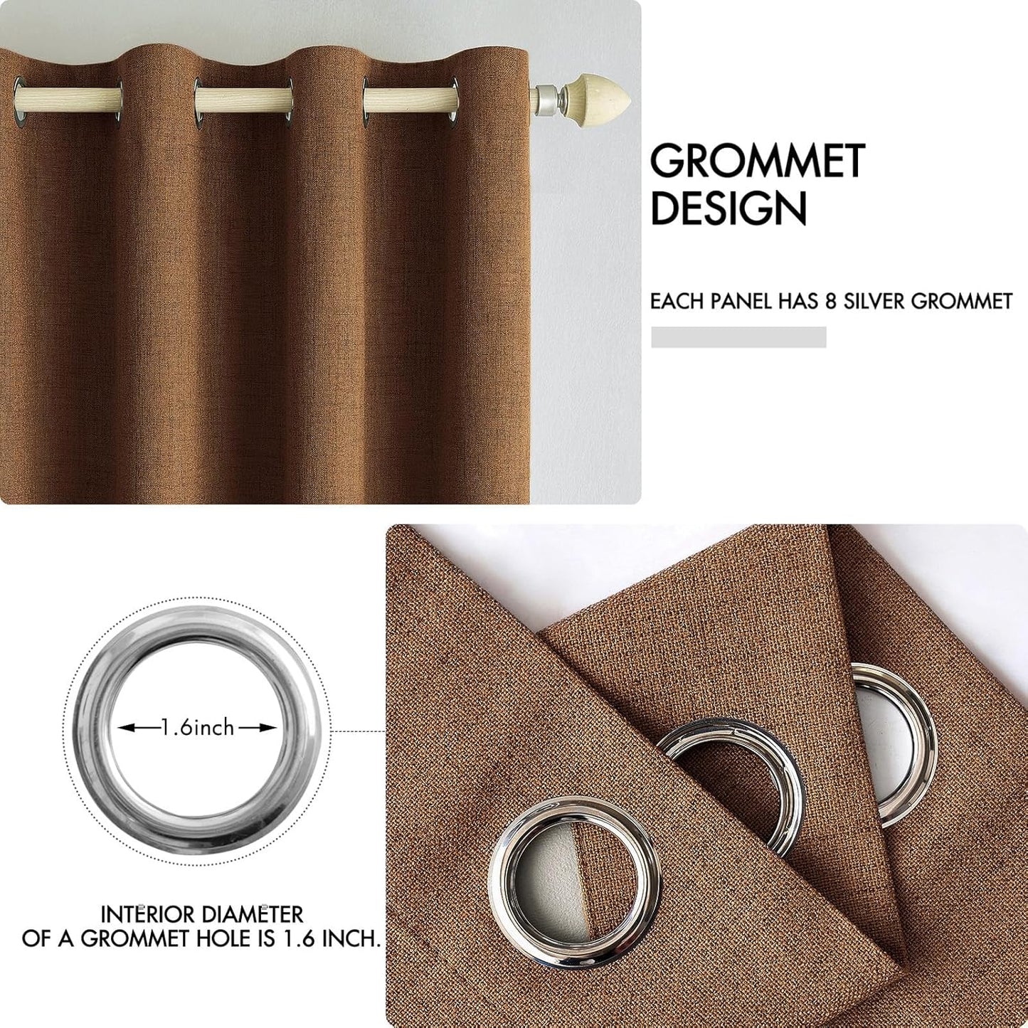 MIULEE Linen Curtains for Bedroom 100% Blackout Thermal Insulated Brown Grommet Room Darkening Curtains & Drapes Fall Decor for Living Room Nursery 52 x 90 Inch (2 Panels)