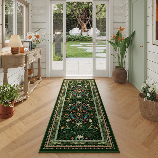 Runner Rug for Kitchen Rug Non Slip 2'6"x8' Washable Rugs with Rubber Backing Soft Vintage Floral Botanical Carpet Runner for Kitchen, Laundry, Bedroom, Bathroom, Green