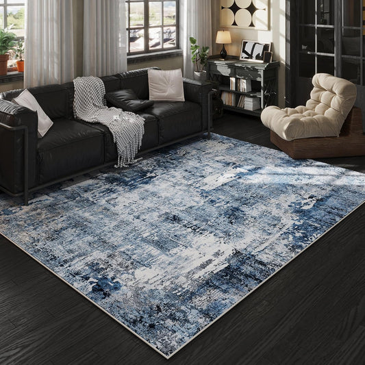 6x9 Rug Washable Bedroom Rug Large Boho Rug Soft Area Rug Abstract Pattern Non-Slip Non-Shedding Faux Wool Vintage Rug for Living Room, Farmhouse, Dining Room, Kids Playroom, Blue