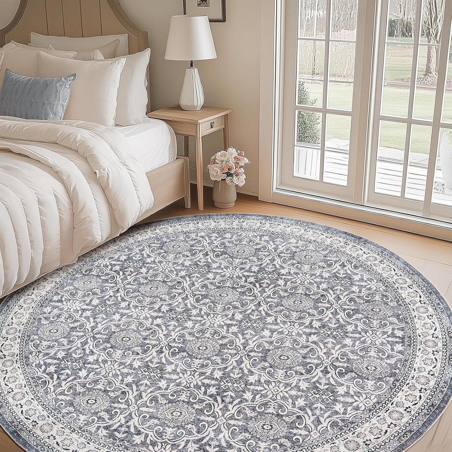 jinchan Round Rug 8ft Washable Circle Soft Rug - Low Pile Vintage 8'Round Indoor Grey Floral Print Stain Resistant Boho Carpet Ultra-Thin Non-Slip for Living Room Bedroom Dining Room Kitchen