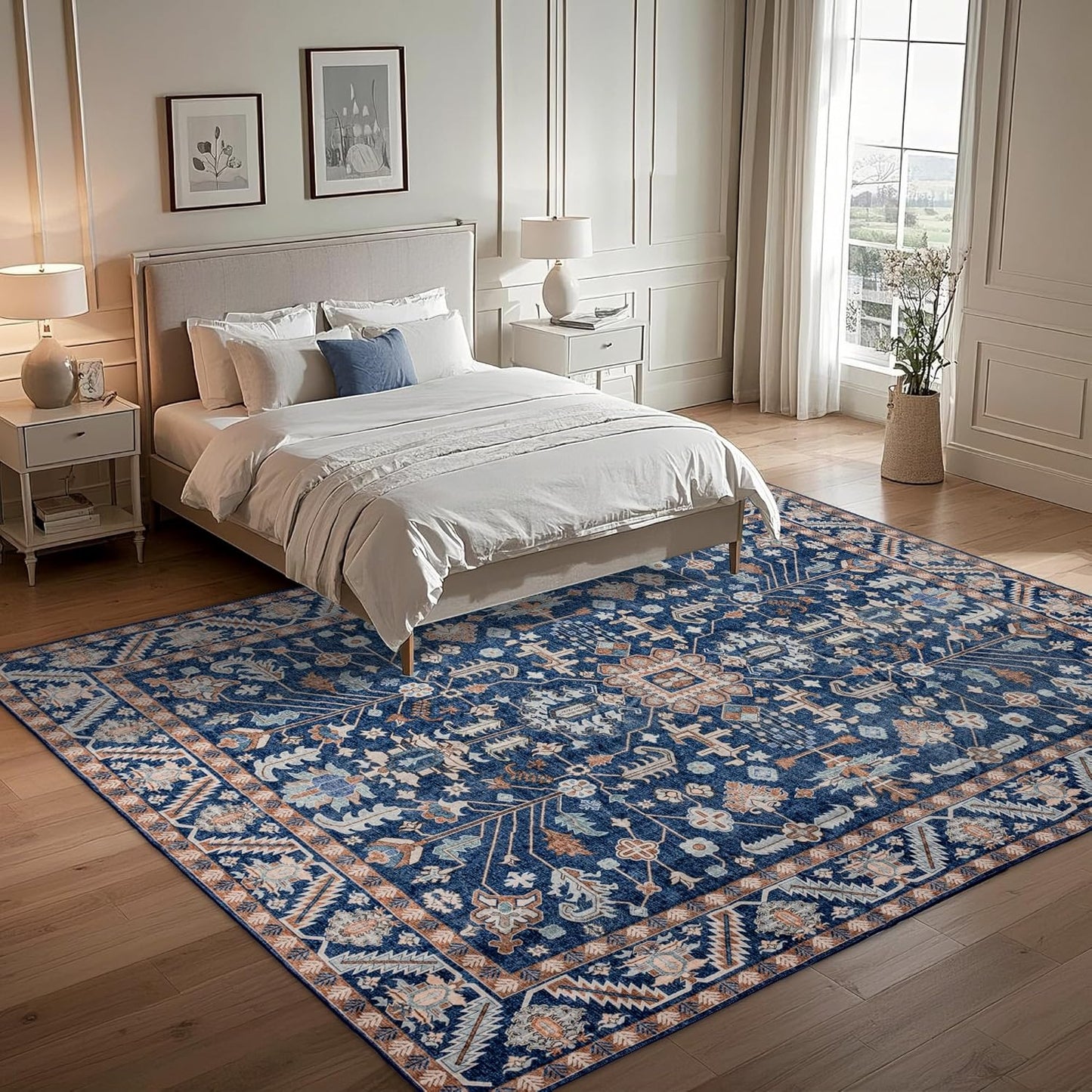 10x14 Area Rug Washable: Oriental Soft Area Rug for Living Room Bedroom No Shedding - Low Pile Thin Carpet Rug for Dining Room Non Slip - Boho Vintage Rug for Home Decor - Navy Blue