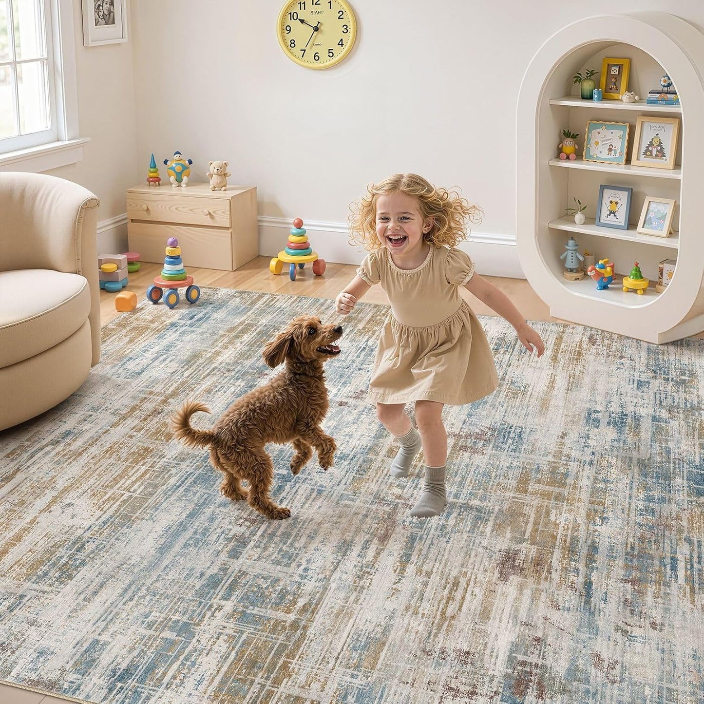 Area Rug for Living Room: 8x10 Washable Neutral Abstract Modern Soft Rugs Non Slip Indoor Floor Stain Resistant Large Carpet for Bedroom Dining Room Office Nursery - Blue Brown