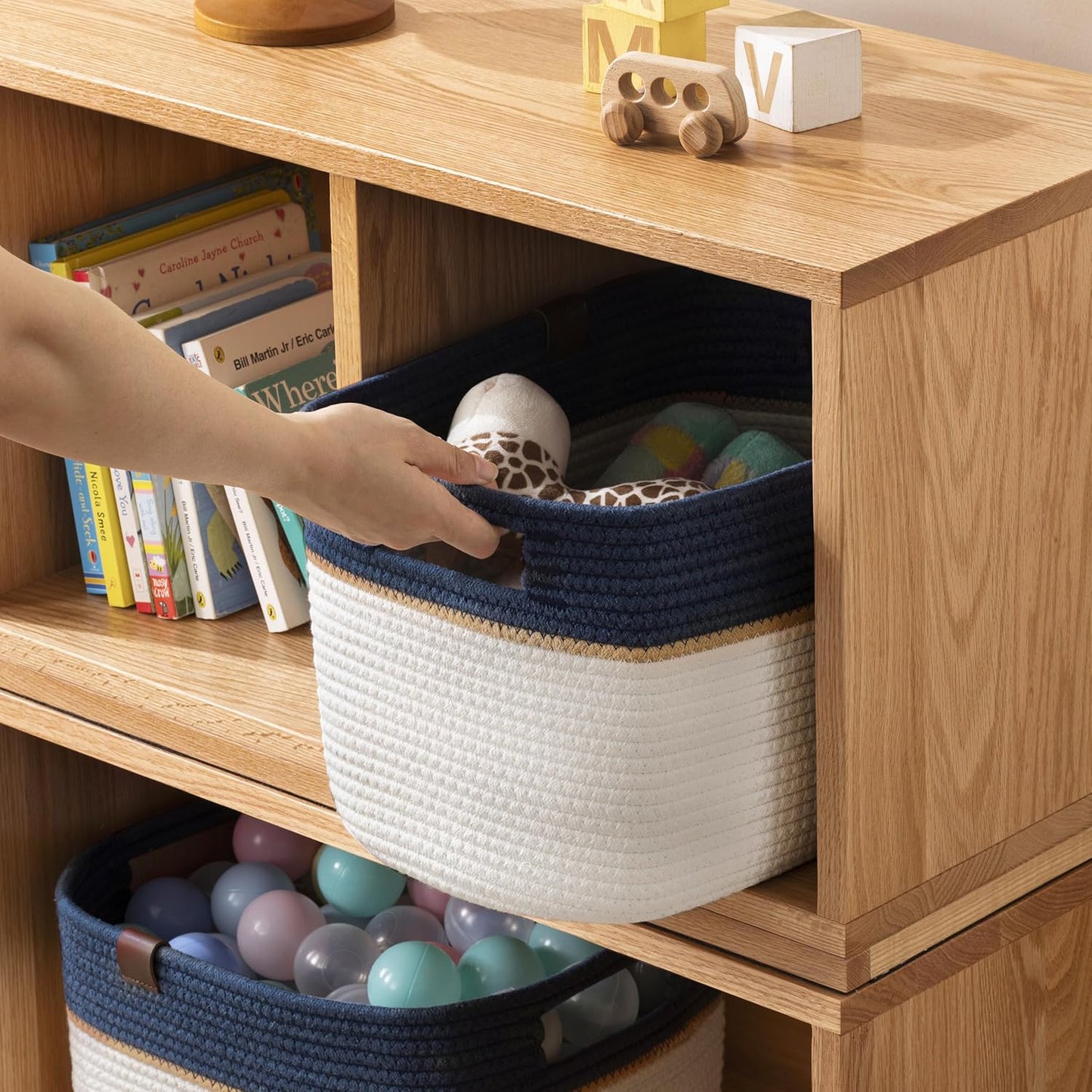 UBBCARE 2 Pack Baskets for Organizing, Woven Storage Baskets with Label for Toys and Towel, Rectangle Cotton Rope Basket with Handles, 15''L x10''W x9''H, Navy Blue&White