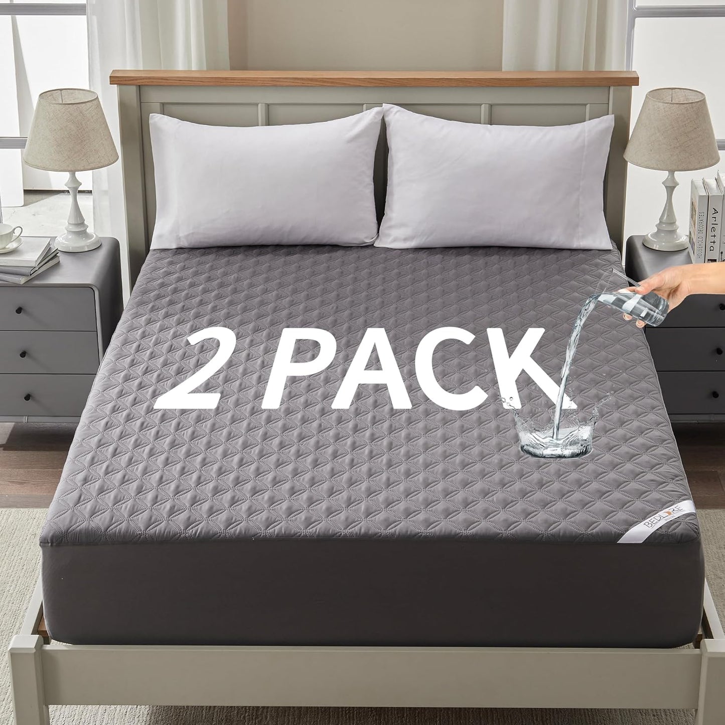 2 Pack Waterproof Mattress Protector, Full Size Mattress Pad with Deep Pocket 6"-15" Depth, Soft Breathable Dirt-Proof Single Bed Mattress Cover for Bedroom, Dorm Room (Gray)