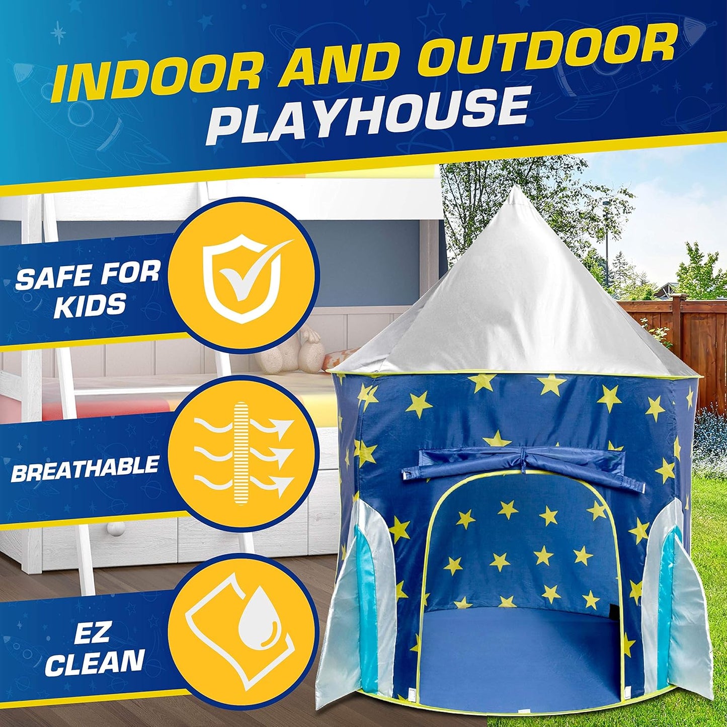 USA Toyz Rocket Ship Pop Up Kids Tent - Spaceship Rocket Indoor Playhouse Tents for Boys and Girls with Included Space Projector Toy and Storage Carry Bag