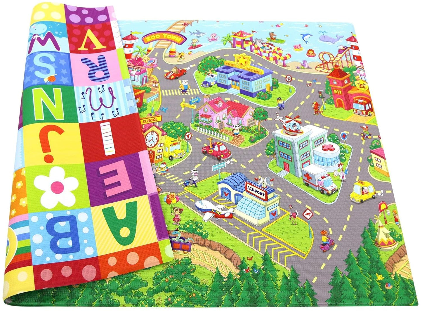Baby Care Play Mat (Large, Playful - Zoo Town) 82'' x 55'' Original One-Piece Reversible Rollable Waterproof Play Mat for Infants, Babies, Toddler, and Kids
