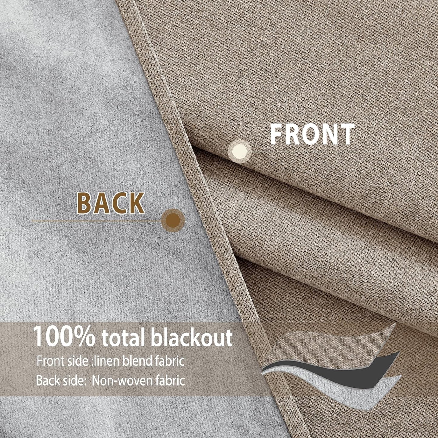 NICETOWN 100% Blackout Linen Faux Linen Curtains 95 inches Length for Dining Room, 2 Panels Set, 52" Wide, Farmhouse Style Room Cooling Window Draperies with Thermal Insulated Liners