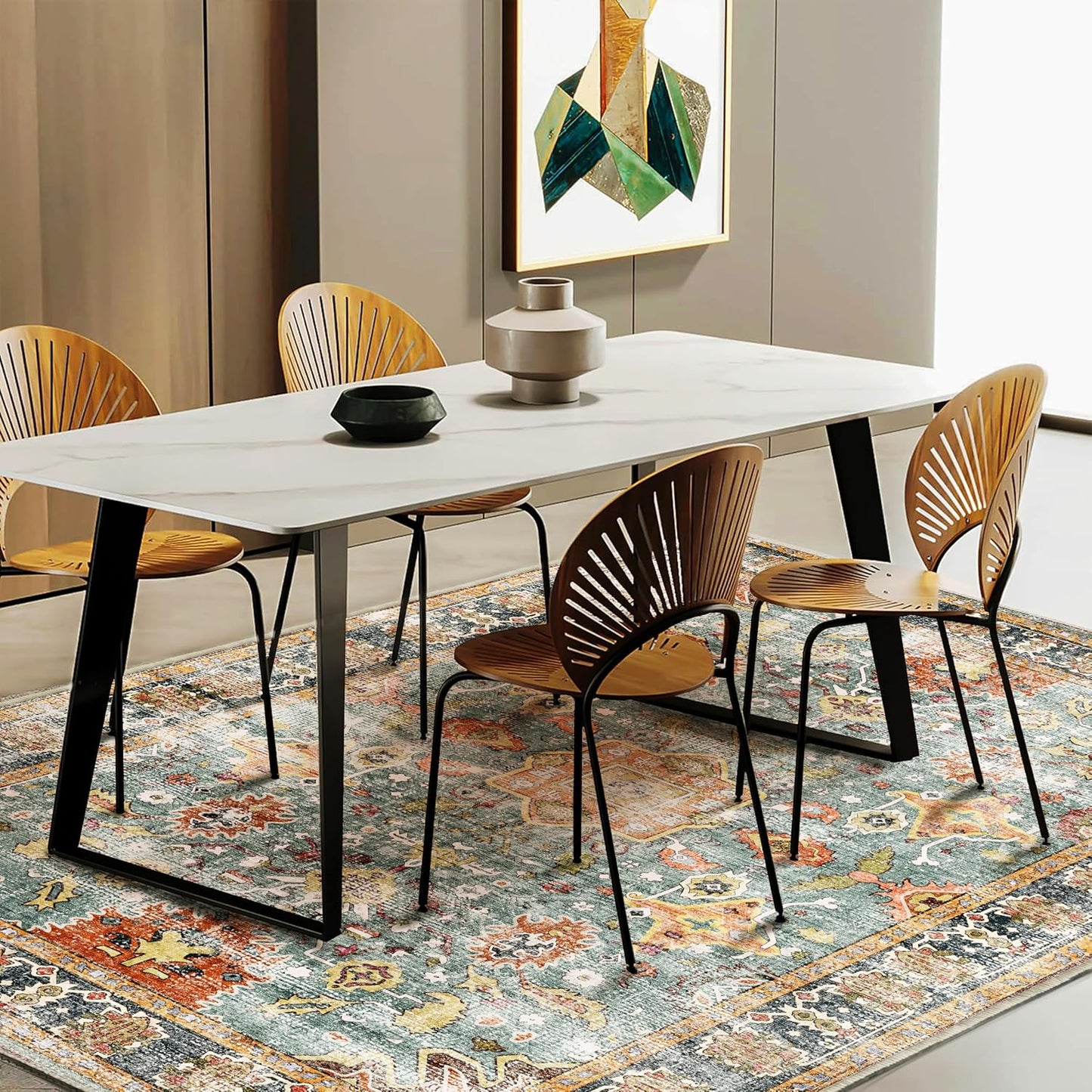 Area Rug 6'x9' Washable Vintage Traditional Distressed Thin Retro Kitchen Indoor Floor Cover Non Slip Carpet Floral Print Mat for Living Room Bedroom Dining Room
