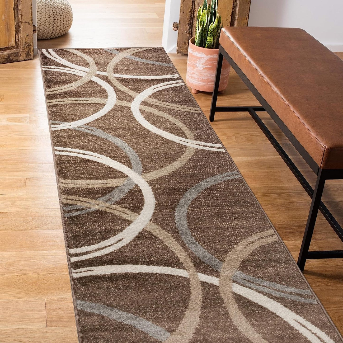 Rugshop Modern Wavy Circles Design Runner Rug 2' x 10' Brown
